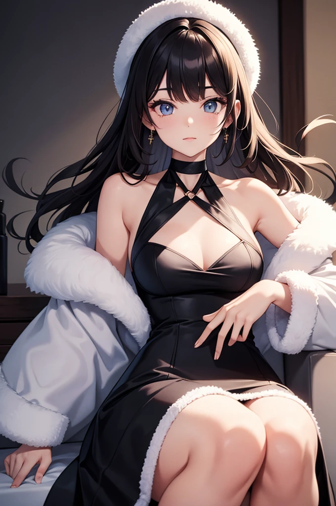 halterneck, fur-trimmed dress