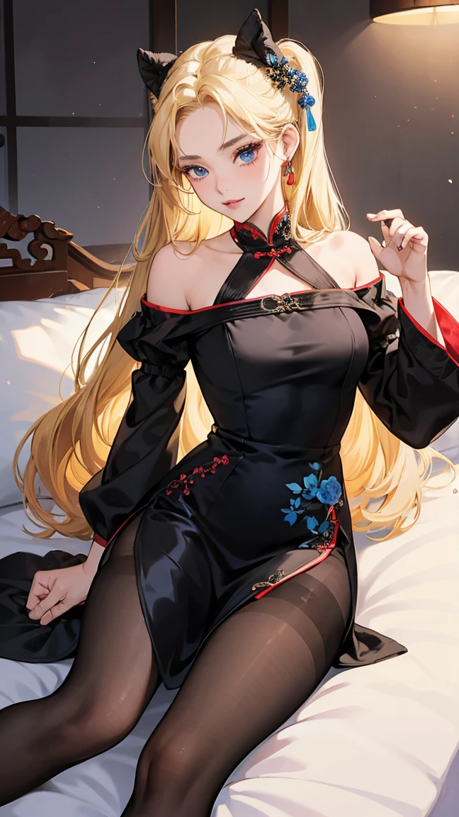 1girl, 30 years old, chinese maid, old chinese dress, black dress, off-the-shoulder, blonde hair, long hair, blonde, blue eyes, black pantyhose, sexy, seductive