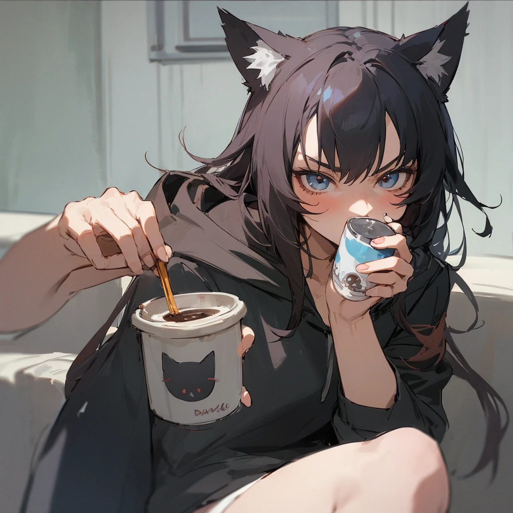 1 girl, black hoodie, long hair, beautiful face, cool, intimidation, black hair, drinking coffee, home, cat ears, anime