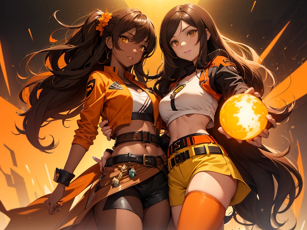 Kizi, Caucasian skin, appealing, messy voluminous dark brown long curly hair, yellow  eyes, light orange cropped top, dark brown shorts above the waist, yellow belt, black pantyhose, dark brown and orange boots, RWBY style, realisitic, dark backdrop with orange symbols, high qualiy, detailded, fighting position