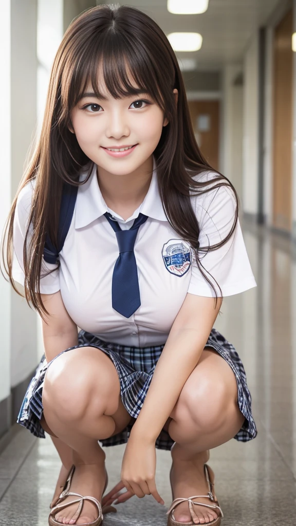 Close-up: A high school girl with super big breasts and beautiful legs is in her summer uniform, squatting in the school hallway with her legs spread apart, seductively staring with moist eyes, checkered pleated skirt, bare legs, view from below, smiling