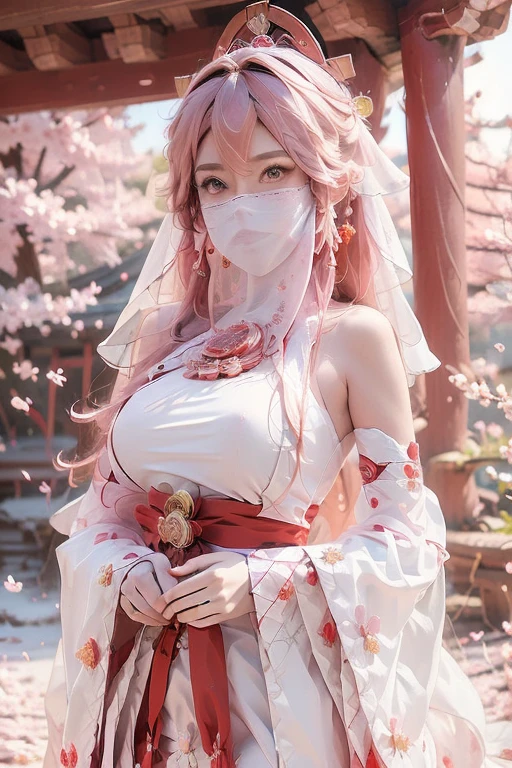masterpiece, extremely detailed,CG,2k wallpaper,Amazing,finely detail,extremely detailed CG unity 8k wallpaper, huge filesize,ultra-detailed,shenzi,1 girl, cosplay, purple eyes, pink hair, Yaeko Nogi (Tokyo 7th Sisters),wearing a face veil, (veil, miansha, chiffon face veil, white silk face veil:1.3),confident eyes,super detailed face, blush, (big eyes:1.4), Double eyelids,(long flowing hair:1.1),traditional shrine maiden outfit,red and white colors,tied-up hair,red ribbon,cherry blossom petals,torii gate background,holding a sacred staff,elegant posture,focused expression,outdoor shrine setting, fantasy style,