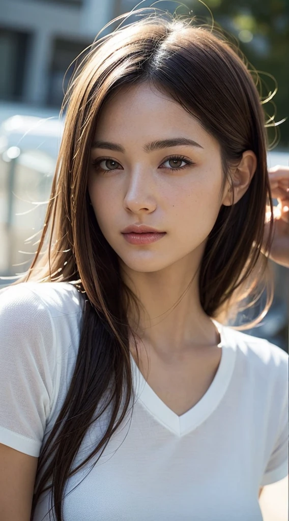 Dressed, (photo Realistic:1.4), (hyper Realistic:1.4), (Realistic:1.3), (Smoother lighting:1.05), (Improving the lighting quality of movies:0.9), 32k, One girl,20 year old girl, Realistic lighting, Backlight, Light on the face, Ray-tracing, (Bright light:1.2), (Improvement of quality:1.4), (Highest quality real texture skins:1.4), Detailed drawn eyes, Detailed painted face, Quality Eyes, (Tired, sleepy and satisfied:0.0), Face close-up, T-Shirts, (Enhance the mood of your body line:1.1), (Enhances the beauty of skin texture:1.1)