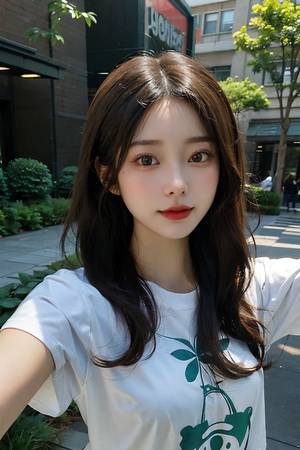 ((best quality)), ((masterpiece)), (detailed), perfect face. Asian girl. Blank t-shirt. Selfie. Garden.