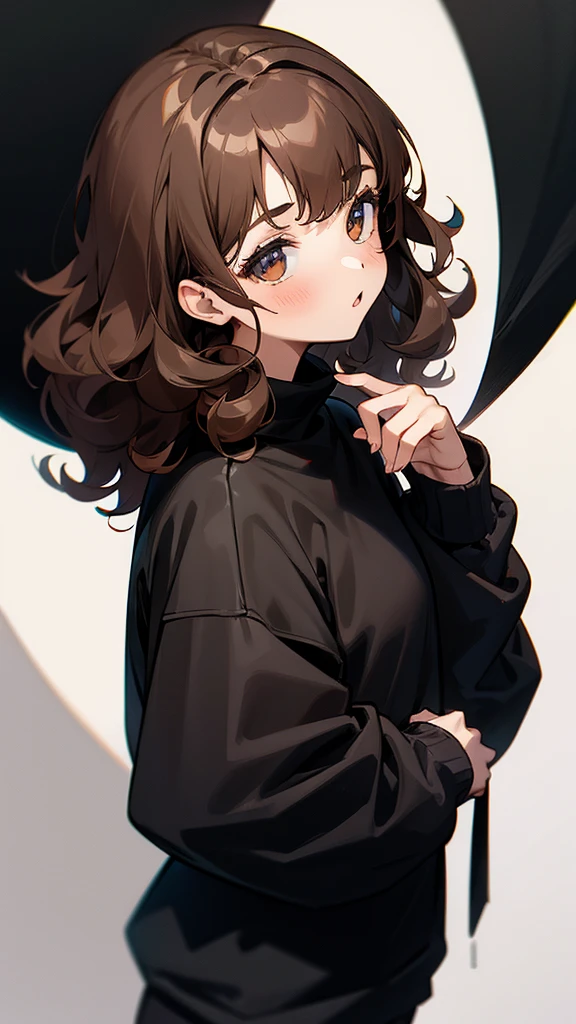 Girl with brown curly hair wearing black sweatshirt