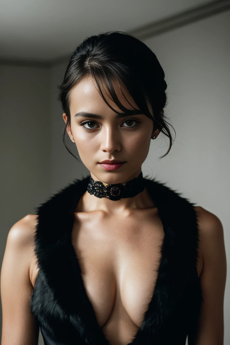 Masterpiece, a beautiful swedish woman, (Helena Mattsson:Alicia Vikander:0.3), (formal dress with high details and plunging neckline), (small breasts), (athletic body), (black fur), (short hairstyle), luxury hotel, (skin texture:1.1), Best Quality, ultra high resolution, photo and gross, Nikon D850, backlight, rim light, studio lighting, film grain:1.2, (fresh tone, cold tone:1.2)