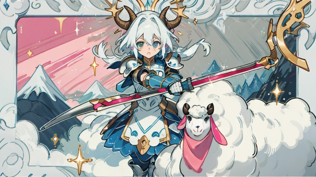 a minecraft background showing mountains and a dungeon. In the middle, a minecraft avatar with bright blue diamond armor in heroic pose, Looking forward. In a corner, a trapped pink sheep, with an expression of concern. Add glitter and sparkles to the armor, and arrows that guide the eye to the pink sheep. Includes light and shadow effects for depth, with luminous borders around the avatar and the pink sheep to stand out.