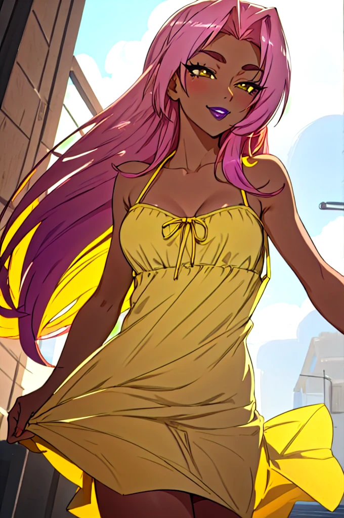 ultra detailed, sharp focus, best quality, masterpiece, colorful, high contrast, dynamic lighting, intricate details, hkIngrid, dark skin, purple lipstick, wide smile, hands on cheeks, happy, squeeling, yellow sundress , loose dress, dress blowing in the wind 