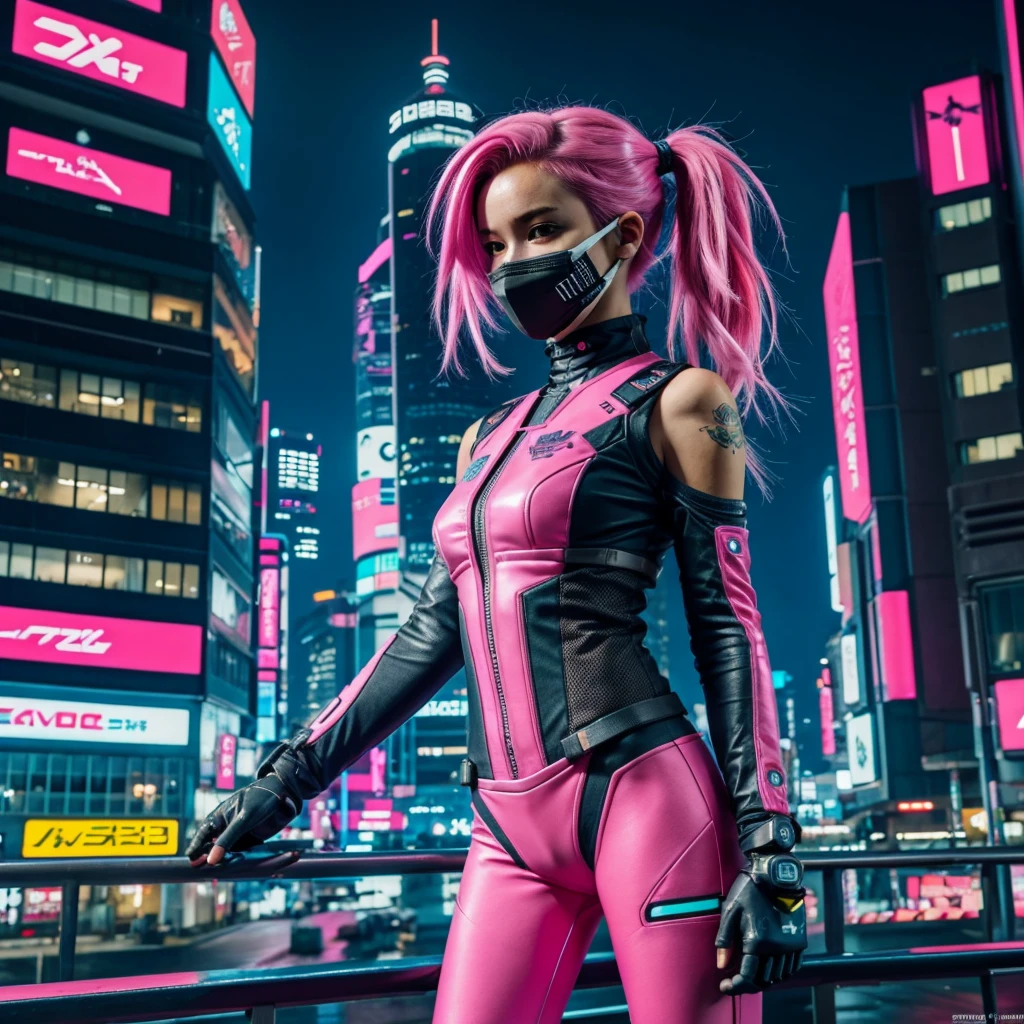 cyberpunk 2d anime girl, with pink hair, hightech mask, modern skinny suit with sci fi tokyo in the background, at night