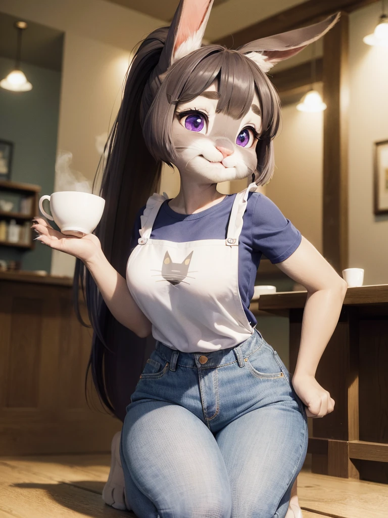 Highest quality,
masterpiece,
Ultra-realistic,
Super detailed,
Beautiful details,
4K，8K，upper,
Photo realistic,
medium Shot,
((Background is cafe)),
Realistic lighting.

((Anthropomorphic cat)),
((woman body)),
((7heads tall)),
(Cat woman)),
Detailed animals,
Complex patterns,
(Furry:1.35),
(All skin is grey:1.3),
(The body is fluffy and bushy:1.3),
Realistic fur.

Human hand.

(((Judy Hopps face))),
((Aoki Reika facial expression)),
((ponytail)),
((see-through bangs)), bangs,
((dark brown hair color)),
Purple eyes,
{Eye highlights, Clear eyes, Eyes sparkling, round pupils},
Detailed Iris, 
(Eyebrows raised:1.2),
(Crescent eyebrows:1.3),
(cat ears:1.3), 
raised corners of mouth.

The lady is wearing a T-shirt 
The lady is wearing an over knees apron.
The lady is wearing jeans underneath. 
((White T-shirt)) BREAK ((dark brown apron)) BREAK ((cyan jeans)).

(solo:1.5), (1girl:1.5), Only 1 character. 

Perfect Anatomy. 

Lighting front, Lighting forward, Intricate details, Ray Tracing, Realistic, 