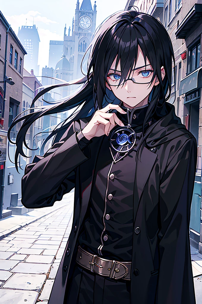 young man, magician, long black hair, blue eyes, wears glasses, wears black magician clothes, hair like Sasuke Uchiha's, cold personality. Manly, medieval city background, adventurous magician.