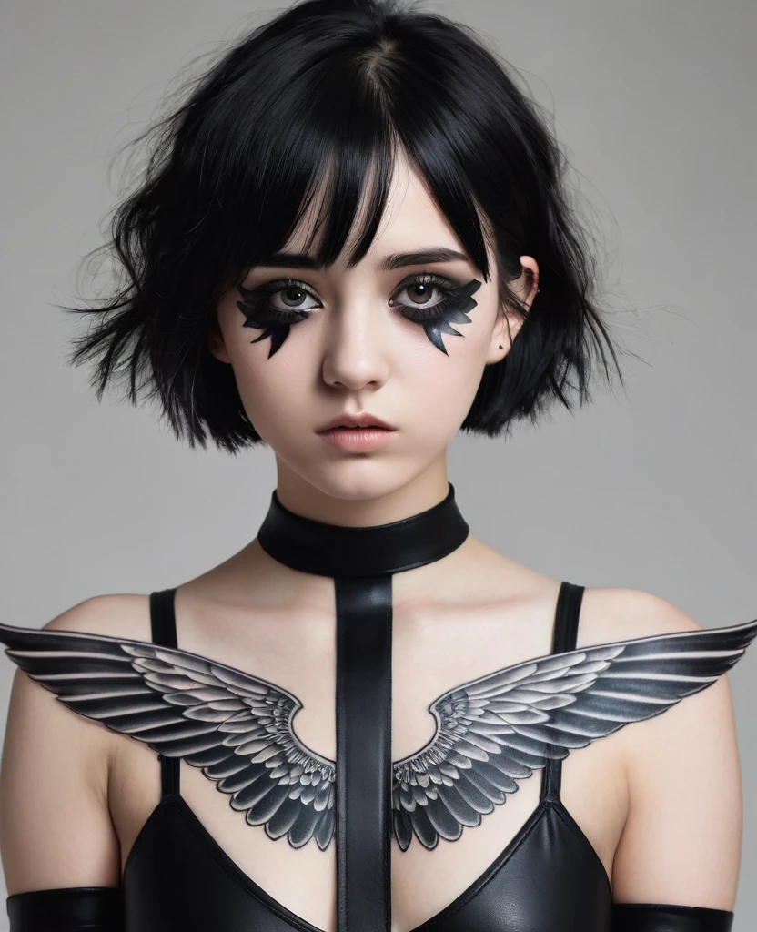 age girl, Short White Hair, dark, empty eyes with dark circles, with black stripe tattoos on the body, new, with a face of fear, with four wings covering its body.