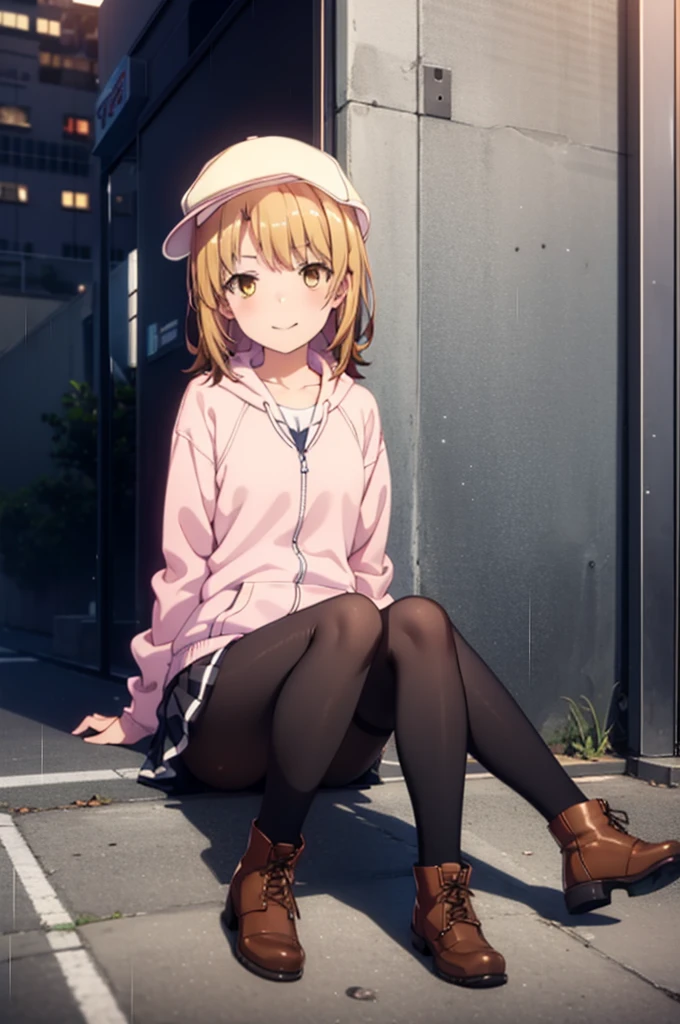 Irohaisshiki, isshiki iroha, Long Hair, Brown Hair, (Brown eyes:1.5), happy smile, smile, Close your mouth,blush,rain,night,Baseball hats,Pink oversized hoodie,V-neck shirt,mini skirt,Black pantyhose,short boots,Sitting leaning against the wall、,Hiding in a roofed building,whole bodyがイラストに入るように,
break outdoors, Building district,
break looking at viewer,whole body,
break (masterpiece:1.2), Highest quality, High resolution, unity 8k wallpaper, (figure:0.8), (Beautiful attention to detail:1.6), Highly detailed face, Perfect lighting, Highly detailed CG, (Perfect hands, Perfect Anatomy),