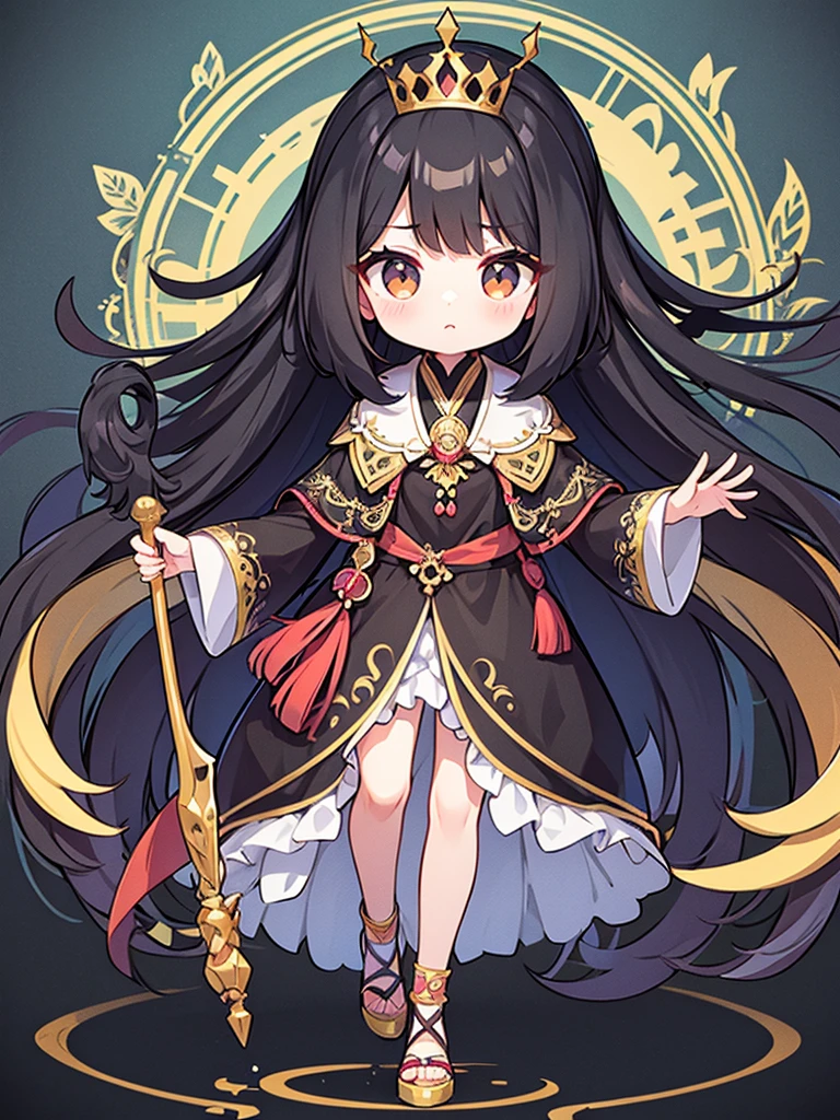Full-body portrait、Are standing、Black Hair、Messy hair、Very long hair、Long Hair、Black-based noble princess outfit、Has a beautiful walking stick