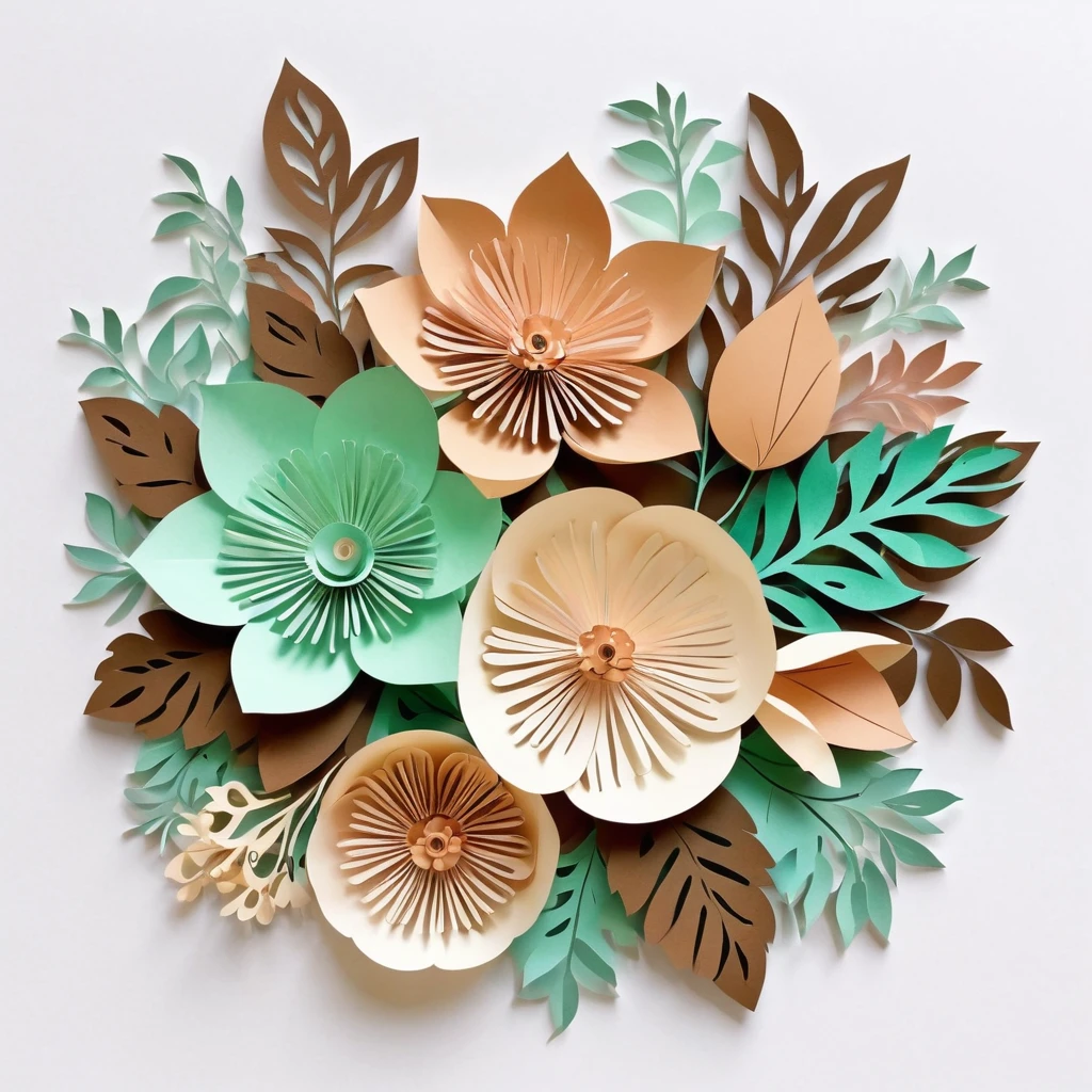 Design illustration of flowers bouquet, on a white background, centered in the scene, flowers with vegetation,frontal view, layeres paper design, kirigami style, detailed folds, color palette: brown pastel, verdigris, #FDFCDC, #FED9B7 and #F07167, natural light, masterful craft, intrincated,4k, sharp focus, perfect paperfold, white background
