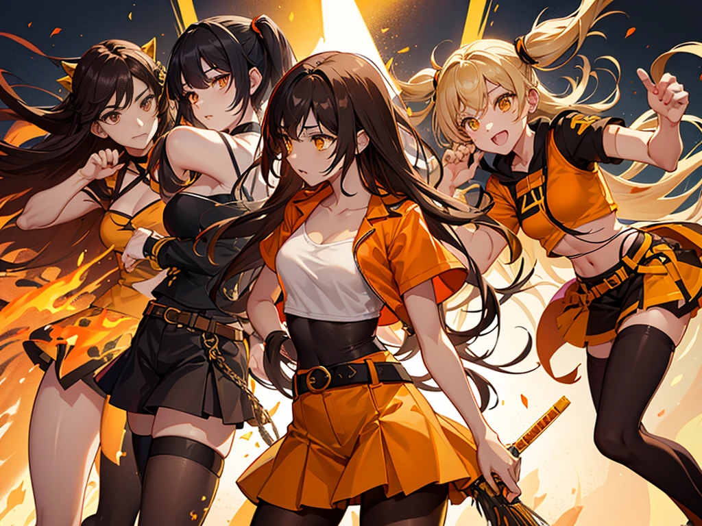 Kizi, Caucasian skin, appealing, messy voluminous dark brown long curly hair, yellow eyes, light orange cropped top, dark brown shorts above the waist, yellow belt, black pantyhose, dark brown and orange boots, RWBY style, realisitic, dark backdrop with orange symbols, high qualiy, detailded, fighting position