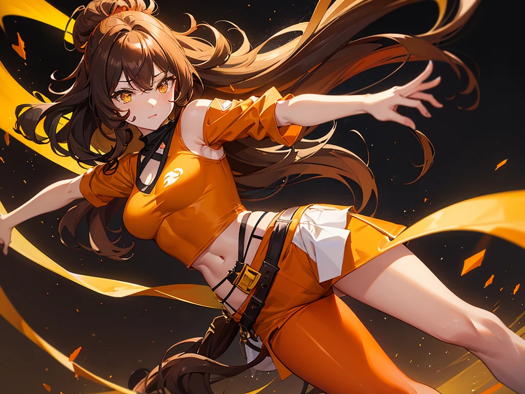 Kizi, Caucasian skin, appealing, messy voluminous dark brown long curly hair, yellow  eyes, light orange cropped top, dark brown shorts above the waist, yellow belt, black pantyhose, dark brown and orange boots, RWBY style, realisitic, dark backdrop with orange symbols, high qualiy, detailded, fighting position
