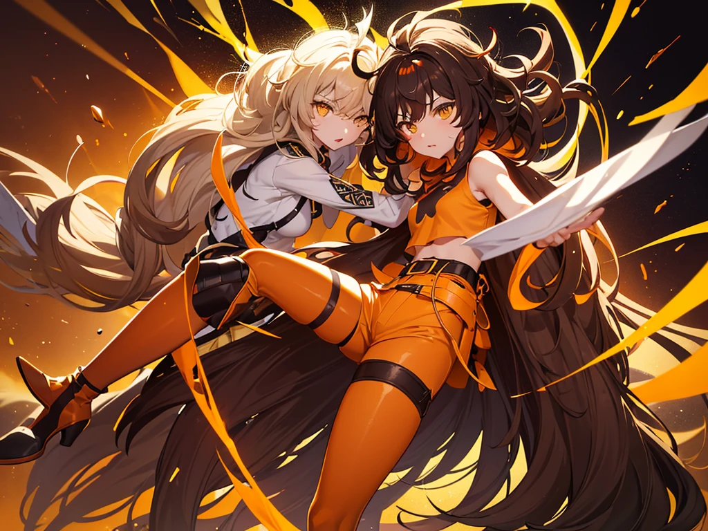 Kizi, Caucasian skin, appealing, messy voluminous dark brown long curly hair, yellow eyes, light orange cropped top, dark brown shorts above the waist, yellow belt, black pantyhose, dark brown and orange boots, RWBY style, realisitic, dark backdrop with orange symbols, high qualiy, detailded, fighting position