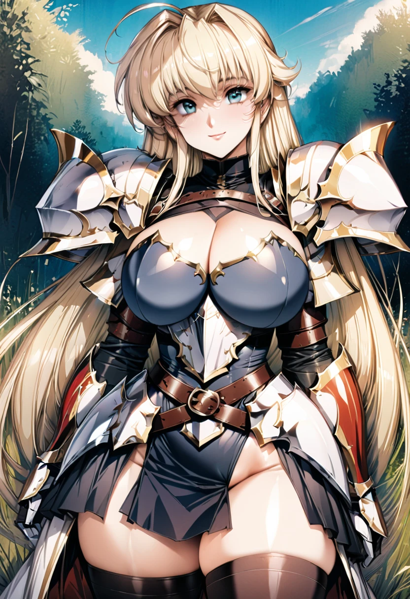 ((highest quality)), ((masterpiece)), ((hyperrealistic)), (detailed background), solo, 1girl, ((curvy: 1.2)), kawaii, smile, dark princess, ((armored dress: 1.3)), langrisser, blonde braided long hair, Ahoge, (paladin armor), ((Tight-fitting leotard bodysuit)), ((huge breasts)), ((arm guard gauntlet)), (metal harness breastplate), belt waist armor, ((zettai ryouiki knee socks boots)), (big butt), (cleavage cutout), (Groin), (thighs), perfect cloak, beautiful aqua eyes, droopy eyes, perfect face, Perfect hands, perfect fingers, Blue sky and grassland, posing, elegant pose