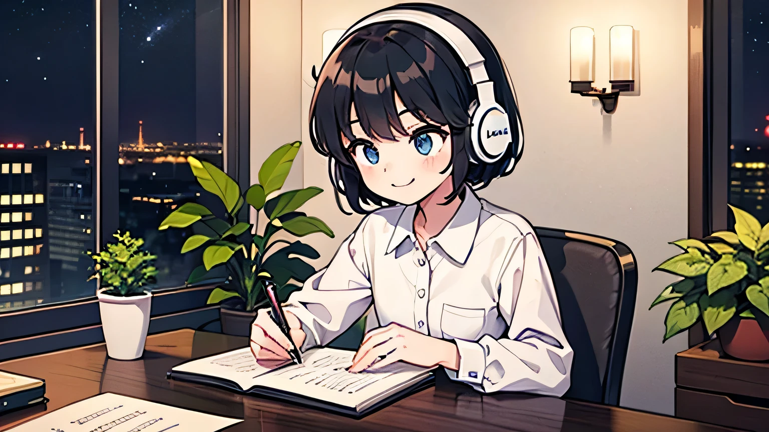 1girl, solo, blue eyes, (detailed eyes), flat chest, short hair, black hair, upper body, gentle smile on her face, wearing a black dress shirt , sitting up straight((masterpiece, illustration, best quality)) girl wearing headphones and writing in a notebook while sitting at a desk, She writes on a piece of paper with a beautiful night view with books and plants in the background with coffee on the desk with pretty candles on her desk