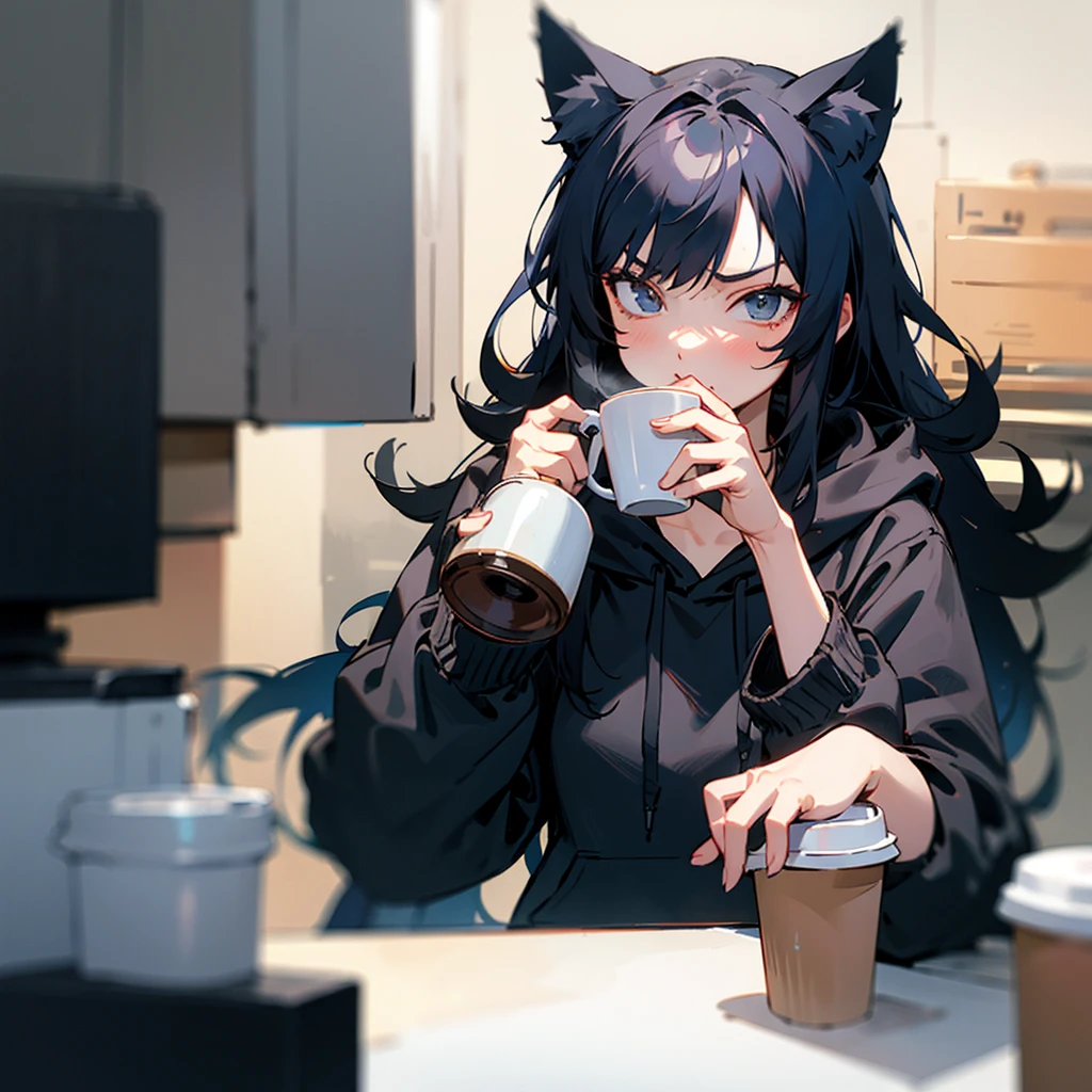 1 girl, black hoodie, long hair, beautiful face, cool, intimidation, black hair, drinking coffee, kitchen, cat ears, anime