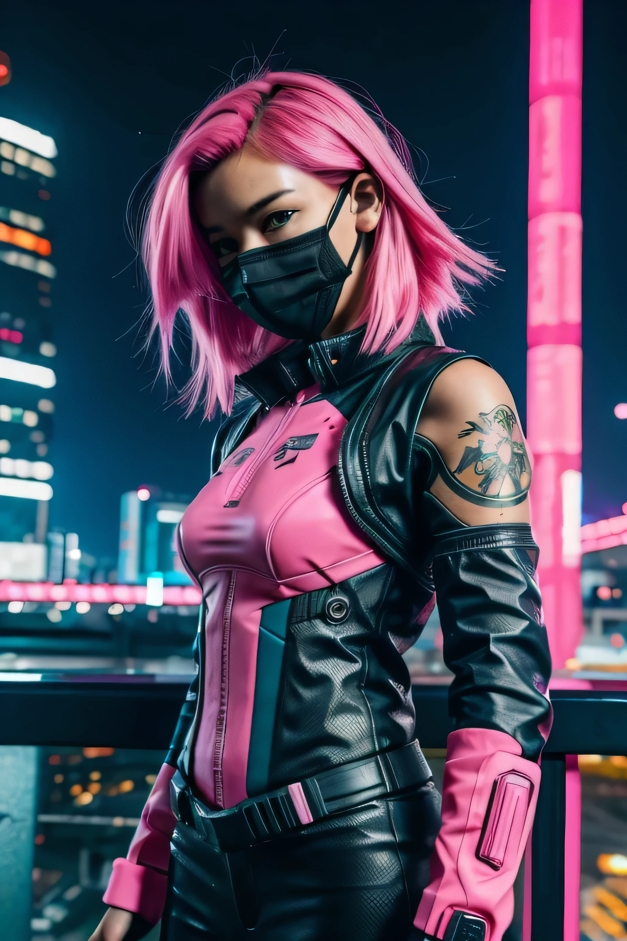 cyberpunk 2d anime girl, with pink hair, hightech mask, modern skinny suit with sci fi tokyo in the background, at night