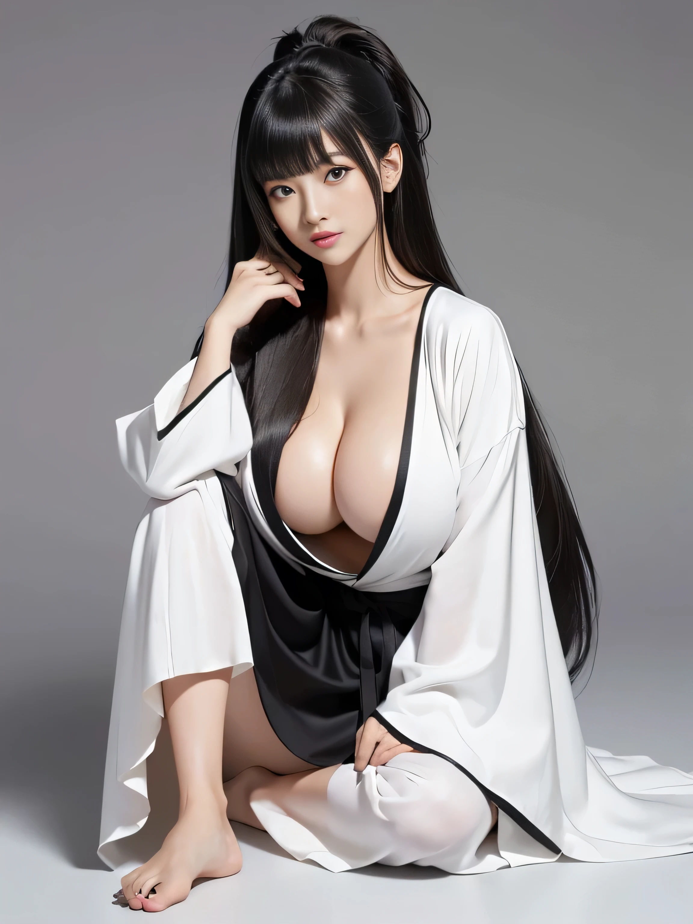 1woman ((Waist up shot)) ((She is wearing a formal kimono with a black and white color scheme.!!!)) (She sir々Sitting in a posture) (She looks at the viewer and gives the most sexy look) ((Highest quality)), ((masterpiece)), (Family Friendly), (Get used to it) ((Big Breasts:1.6)) ((Her hair is very straight!!!!!)) (Her hair is pitch black!!!) ((Her bangs are neatly trimmed and straight down.:1.3)) (Very long hair Up to the ankle!!!!! Highest quality The finest details Very long hair Up to the ankle!!!!! Very long hair!!!!! It lasts forever!!!!! Flowing Hair Very shiny and thick hair Abnormally long hair!!!!! It lasts forever!!!!! Flowing Hair on both ends!!!!! Very long hair!!!!! Up to the ankle!!!!! Very long hair!!!!! Up to the ankle!!!!! Thick and shiny hair Very free hair Abnormally long hair!!!!! Beautiful silky hair Beautiful and shiny hair Beautiful and shiny hair Beautiful silky hair Very long hair Up to the ankle!!!!! Very long hair!!!!! Very long hair!!!!!) (Japanese Solo Photos'The most beautiful 24-year-old kimono model) Perfect woman'face (She has a typical Japanese build and skin color..., Her skin is very high quality and ultra high definition.、very beautiful and glowing skin) (Her face is dignified and sexy)(She applied sexy makeup with the help of a professional makeup artist...... Lipstick is bright red!!! The eyeliner is a beautiful black) (She has a typical Japanese build and skin color Her skin is very delicate and sensitive..、and、Such beautiful and radiant skin) ((Her face shape is thinner than average:1.6)) ((Her eye width is larger than average:1.6)) ((Her eyes are wider than average:1.6)) ((Rich 1.4)) (Extremely detailed 8K) (Ultra-fine skin texture 1.4) (Now, Vibrant:1.4), Sharp focus:1.2、Beautiful woman:1.4 Dynamic Lighting (Genuine RAW photos taken by professional photographers) very beautiful and glowing skin) (Surreal photos by professional photographers :1.2) (Very long hair Up to the ankle!!!!! Highest quality The finest details (Very long hair Up to the ankle!!!!!
