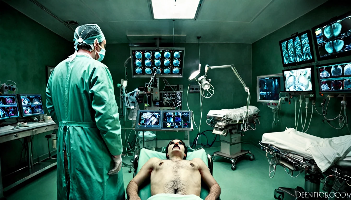 doctor, back to the camera, operating room, sinister, macabre environment