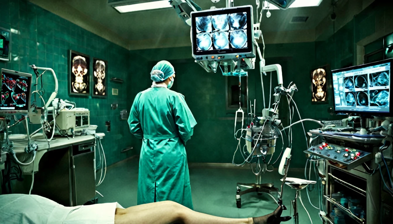 doctor, back to the camera, operating room, sinister, macabre environment