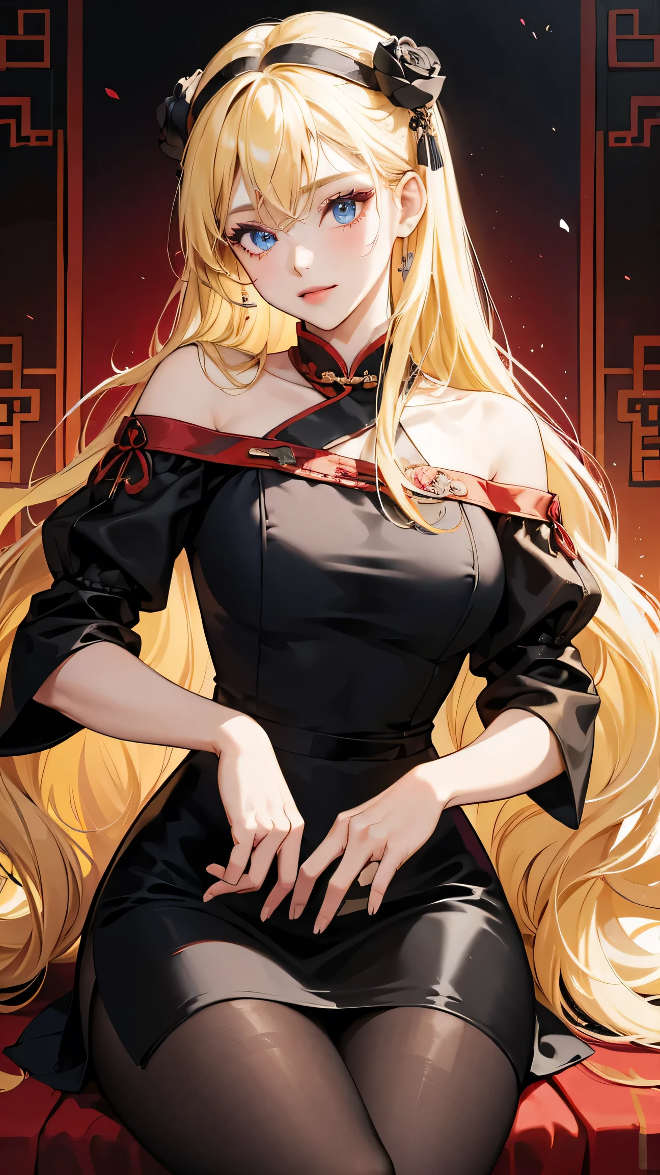 1girl, 30 years old, chinese maid, old chinese dress, black dress, off-the-shoulder, blonde hair, long hair, blonde, blue eyes, black pantyhose, sexy, seductive