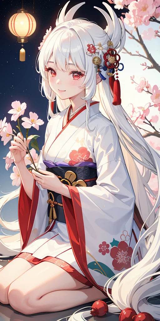 One girl、(Hanfu)、Sparkling、Side light、wallpaper、A Japanese man with white hair that reaches down to his back、Red eyes、White kimono with light blue floral pattern、Beautiful Faces、Cute Smile