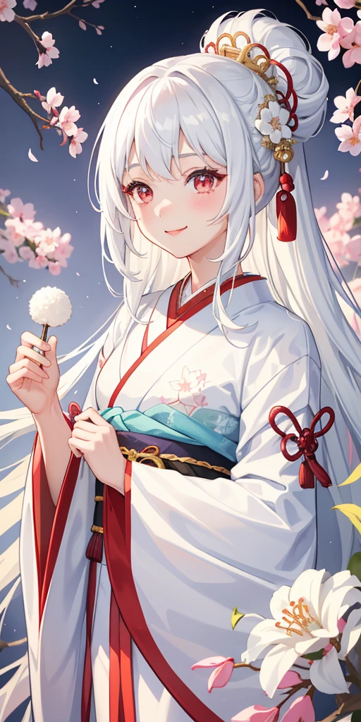 One girl、(Hanfu)、Sparkling、Side light、wallpaper、A Japanese man with white hair that reaches down to his back、Red eyes、White kimono with light blue floral pattern、Beautiful Faces、Cute Smile