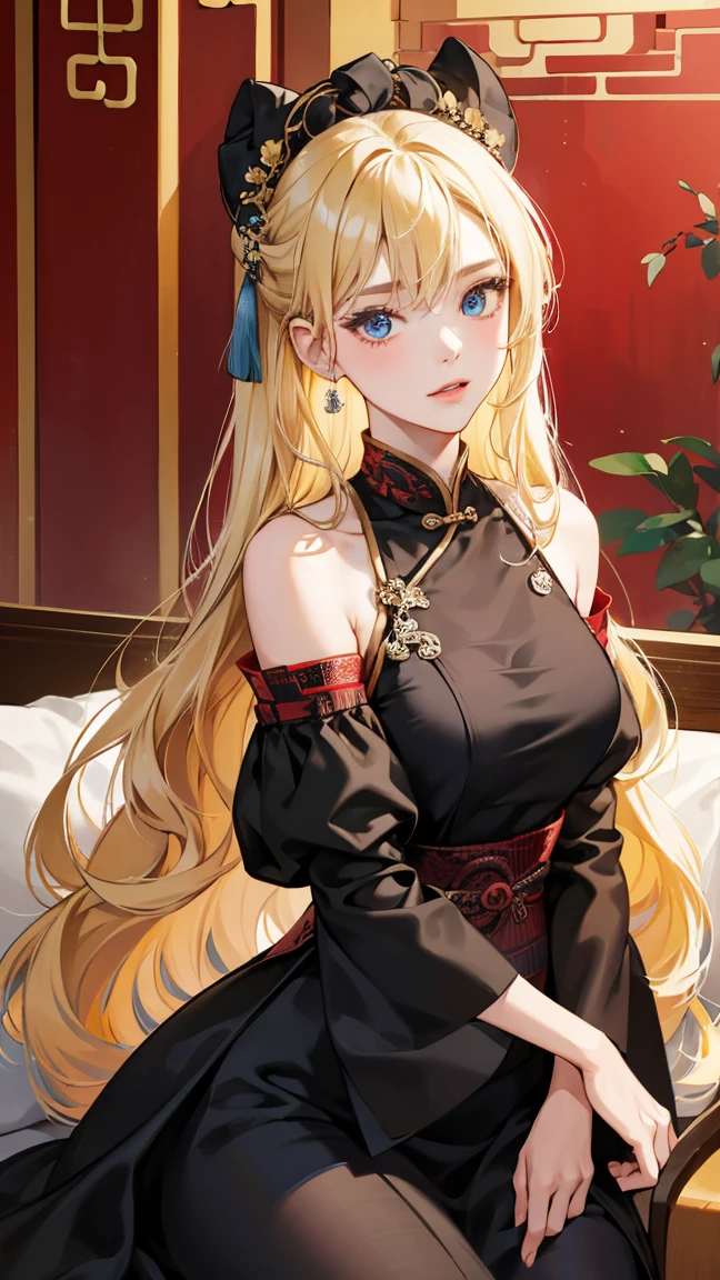 1girl, 30 years old, chinese maid, old chinese dress, black dress, off-the-shoulder, blonde hair, long hair, blonde, blue eyes, sexy, seductive
