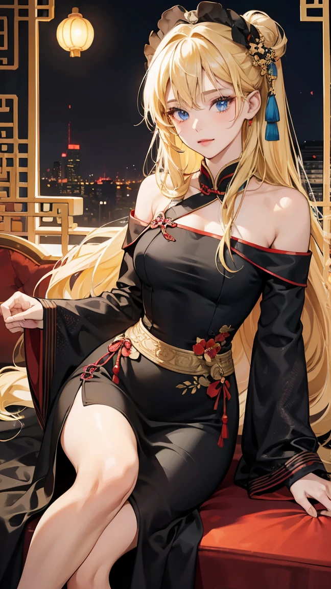 1girl, 30 years old, chinese maid, old chinese dress, black dress, off-the-shoulder, blonde hair, long hair, blonde, blue eyes, sexy, seductive