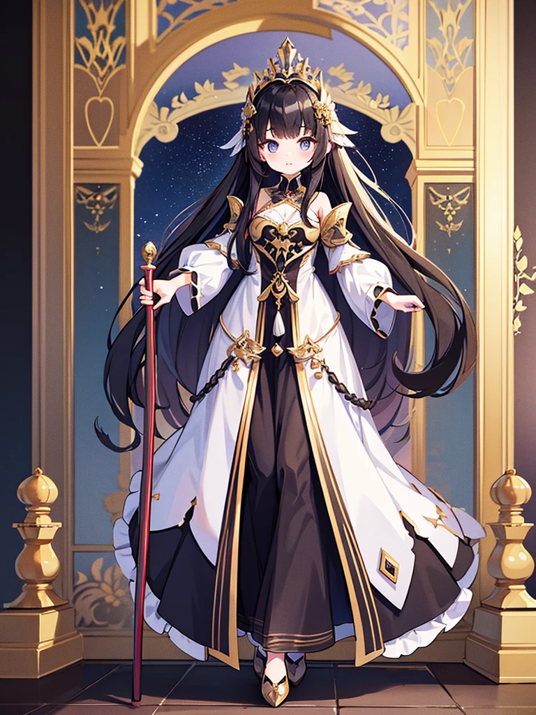Full-body portrait、Are standing、Black Hair、Messy hair、Very long hair、Long Hair、Silver-based noble princess outfit、Has a beautiful walking stick
