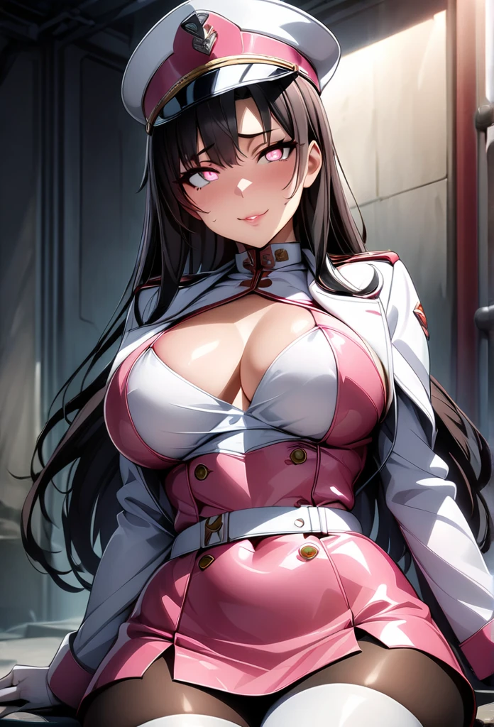 masterpiece, cute,beautiful,best quality, 1lady,black hair,long hair,glowing eyes, (finely detailed empty pupils and detailed face),,,,extremely detailed picture unity 8k wallpaper,solo,(latex military costume:0.9),large breasts,seductive smile,military hat,latex thighhigh,large breasts,black hair,pink eyes,pink leotard,pantyhose,military coat,enamel suits,grossy lips,sitting,bust shot,sadistic smile,,heel,