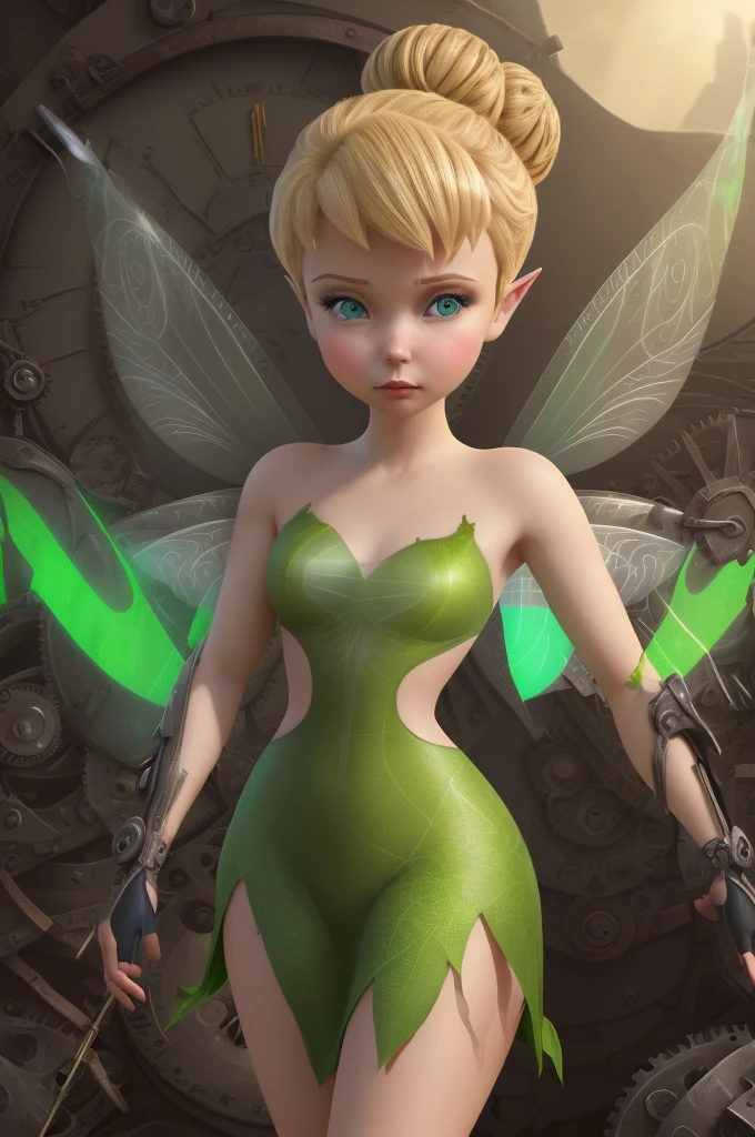 provocative, perfect ligthing, looking at viewer, cinematic lighting, cowboy shot,  TinkerBell, (TinkerBellWaifu:1.1), single hair bun, (dress), (green clothe), (transparent fairy wings:1.6), (green clothe), ((clothes made from leaves)), pointy ears, blue eyes, blush, shrunken, inside clock, mechanical clock, gears in the background, (tinkering:1.5), pixiedust,