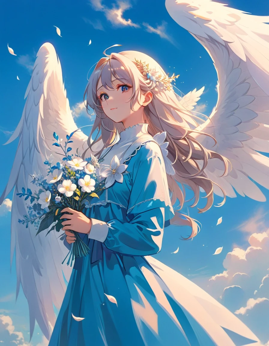 With long hair and white wings、Anime girl holding flowers, of an beautiful Angelic少女, Beautiful angel, guweiz on pixiv artstation, of Beautiful angel, Angelic少女, Digital art on pixiv, Guweiz on ArtStation Pixiv, portrait of a Beautiful angel, Beautiful Anime art, Beautiful Anime, Beautiful Anime artwork, Angelic