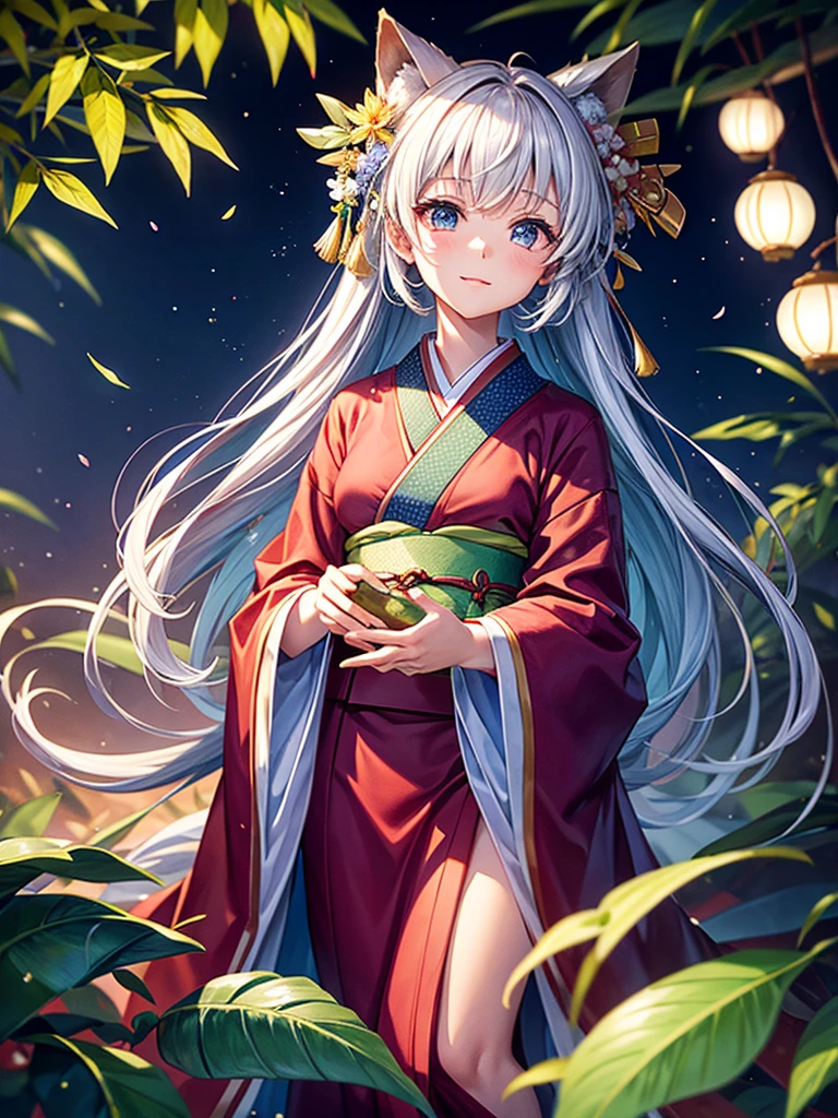 Highest quality,Highest Resolution,Bamboo leaves, paper strips and a woman in a kimono,Tanabata Night,