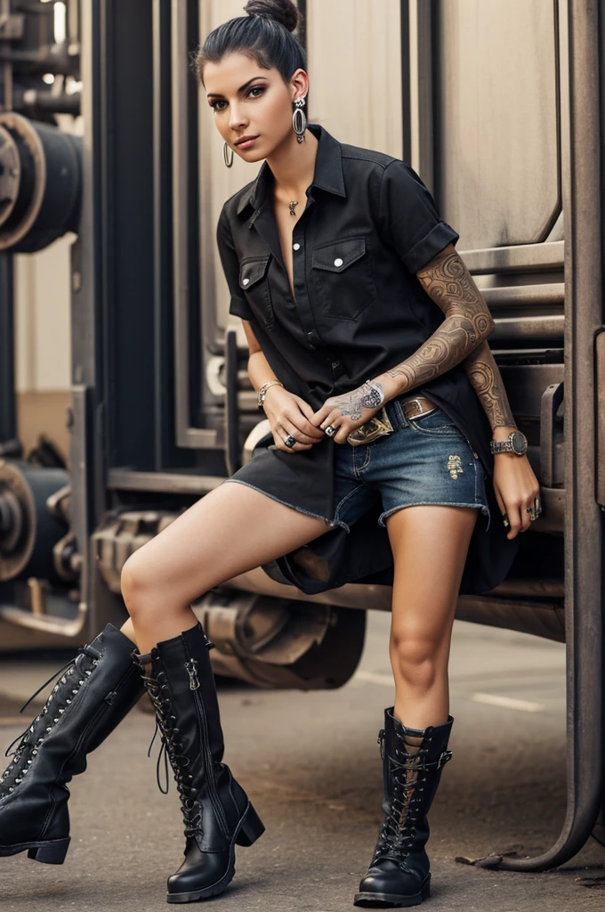 Create a mechanical engineer who wears a short shirt with printed boots, clothes in dark colors, eyebrow piercing and small earrings in her ears and she likes rock