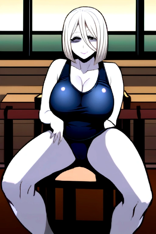 日本人 Mature Woman, (alone), 50 years old, (Wrinkles around the eyes:1.2), Large Breasts, Mature Woman, Glamour, Sexy, Chromo White Skin, View your viewers、Oversized breasts、Thick thighs、Sit on a chair and spread your legs、School Swimsuit、High heels、smile、Public place、Crossing your legs