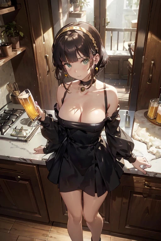 (from above:1.2), (perky chest:1.2), (pointed chest:1.2), 1girl, Bust A Cup, Amazing Cleavage:1.1, thin waist, big ass, Raised cute, small breast: 1.1 posed cleavage:1.2、solo, looking at viewer, have a cute glass of cute beer glass,black hair, dark green eyes, dress, bare shoulders, jewelry, collarbone, side locks, hairband, earrings, indoors, off shoulder, arms behind back, plants, short hair with long locks, gild hairband, off-shoulder dress, sweater dress, off-shoulder sweater, red sweater, dark gold hair, big side hair, very long side hair,is rendered in (masterpiece: 1.2, best quality), with (ultra high resolution) and an exquisite (depth of field). This masterpiece is not only visually stunning but also tells,A scene of cooking in the kitchen
