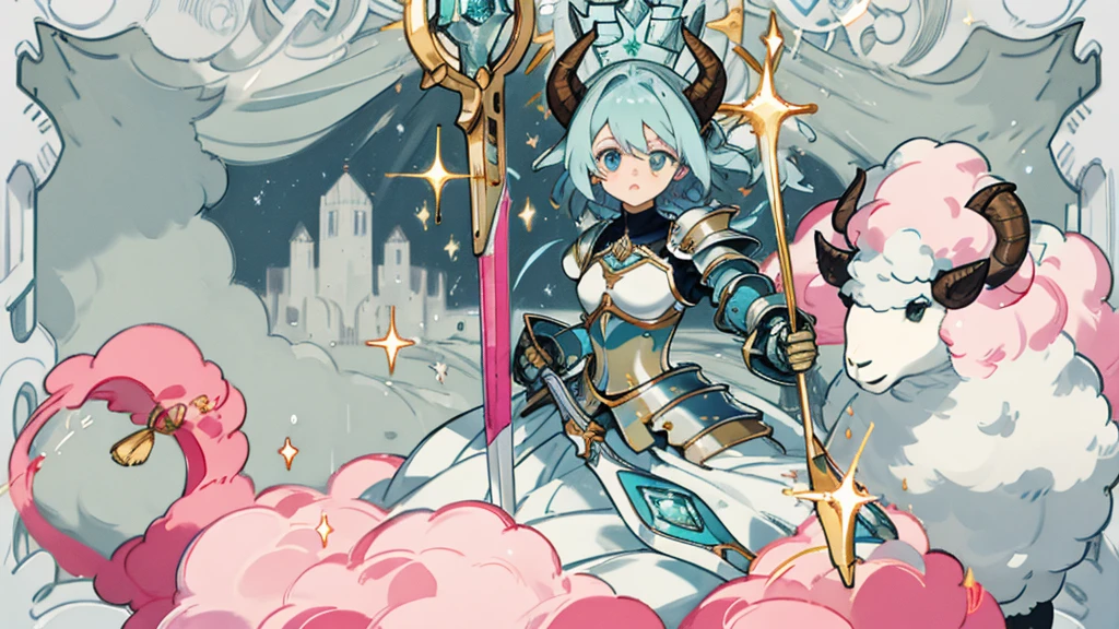a minecraft background showing mountains and a dungeon. In the middle, a minecraft avatar with bright blue diamond armor in heroic pose, Looking forward. In a corner, a trapped pink sheep, with an expression of concern. Add glitter and sparkles to the armor, and arrows that guide the eye to the pink sheep. Includes light and shadow effects for depth, with luminous borders around the avatar and the pink sheep to stand out.