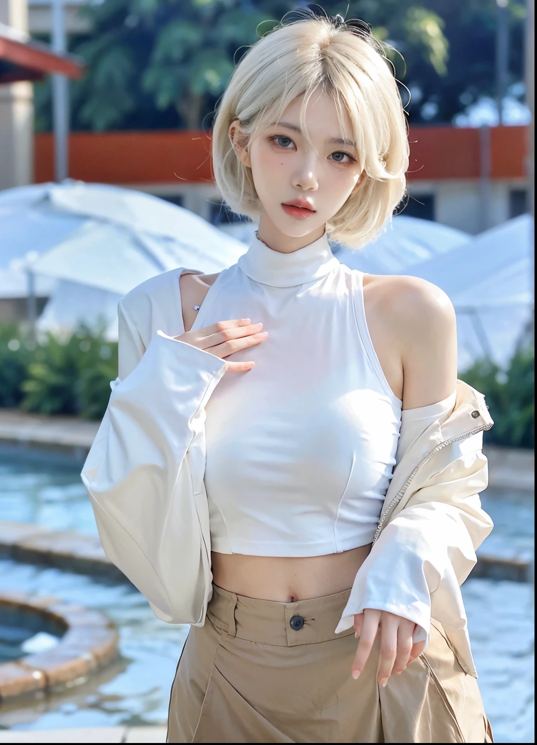 Beautiful woman with perfect figure:1.4，Ultra-high resolution，Put your hands behind your back，Snow background，（Realism:1.4)，perspective，Layered hairstyle，Snow white skin，JK:1.5，Super short pleated skirt，whole body：1.4，Very delicate and skin texture，Double eyelids，Skin Whitening，Long hair，White hair
