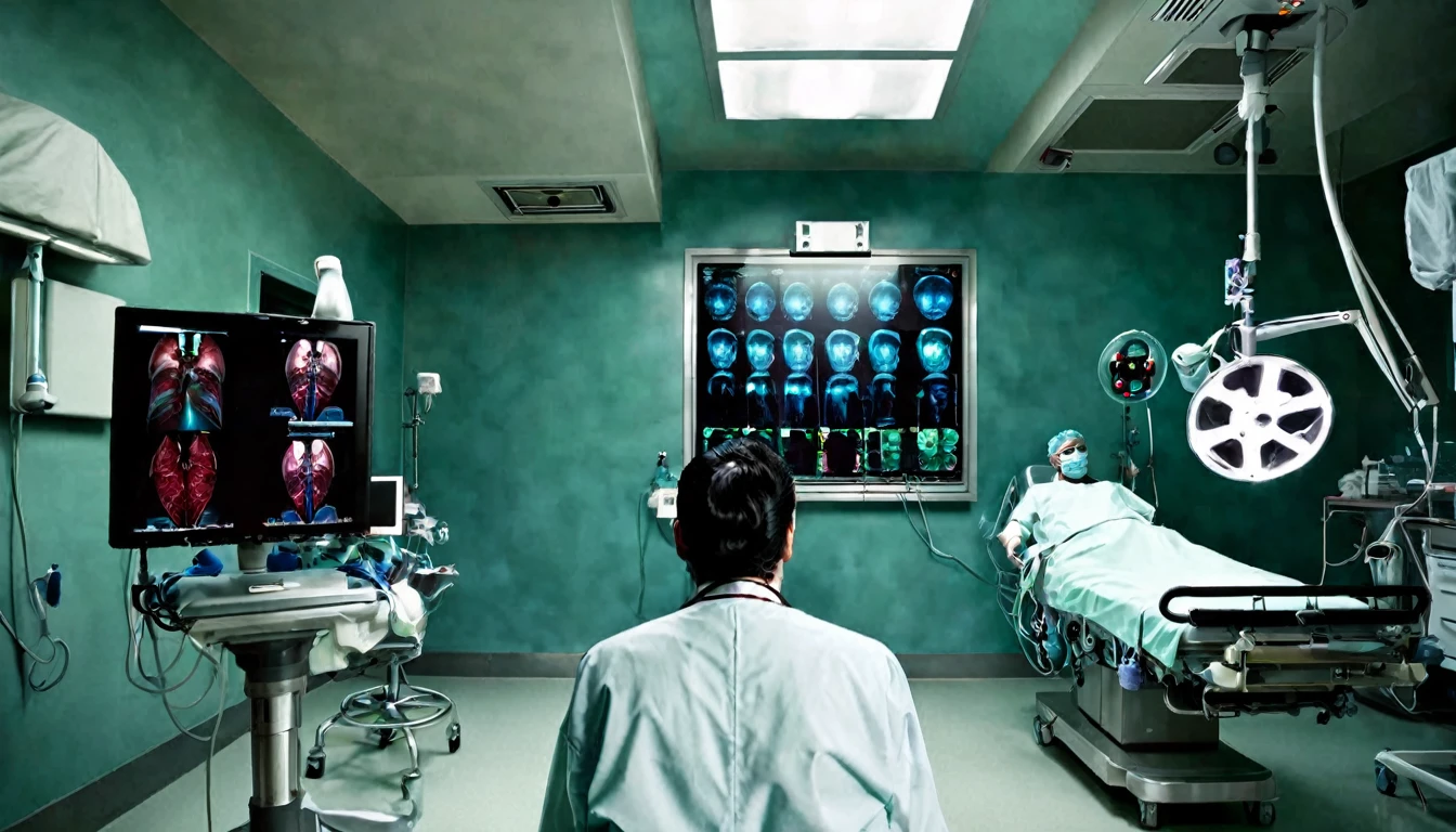 doctor, back to the camera, operating room, sinister, macabre environment