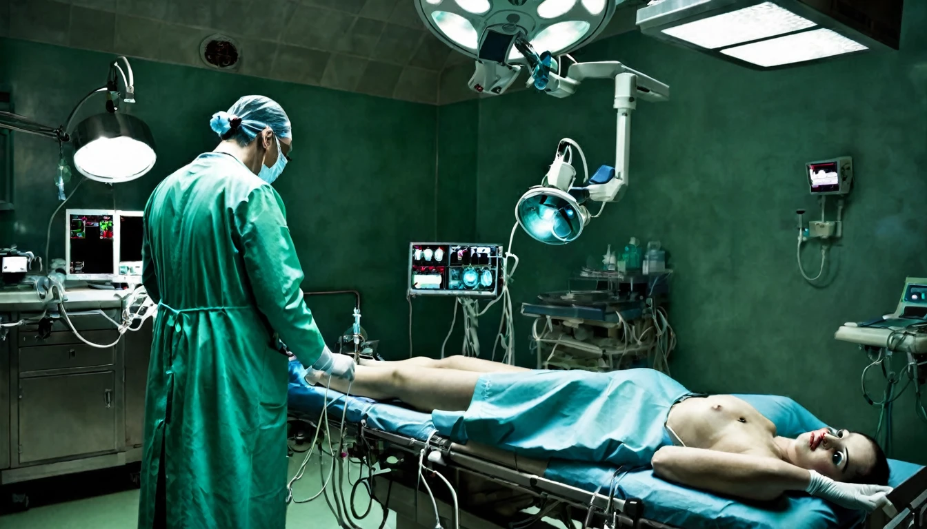 doctor, back to the camera, operating room, sinister, macabre environment