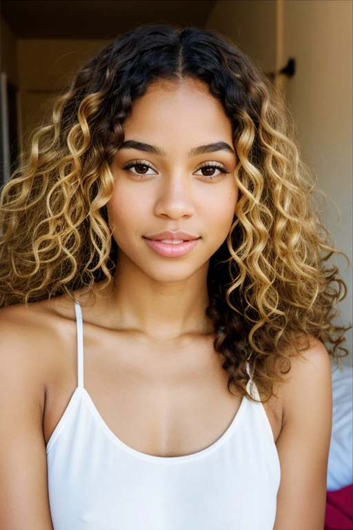 Light skin mixed woman european and African descent with wavy golden blond hair and brown eyes
