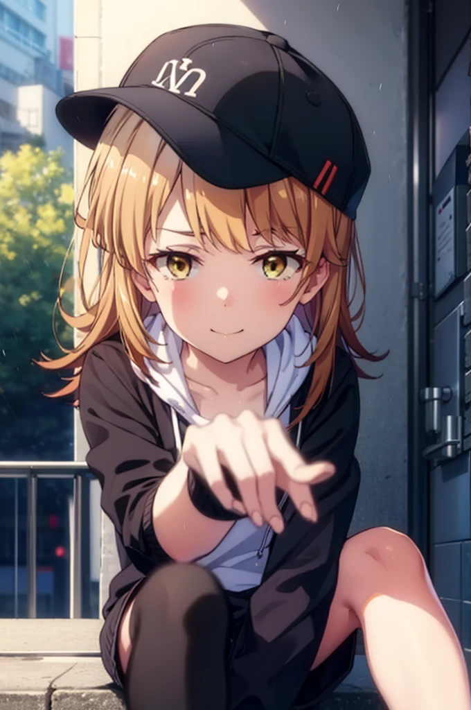 Irohaisshiki, isshiki iroha, Long Hair, Brown Hair, (Brown eyes:1.5), happy smile, smile, Close your mouth,blush,rain,night,Baseball hats,Pink oversized hoodie,V-neck shirt,mini skirt,Black pantyhose,short boots,Sitting leaning against the wall、,Hiding in a roofed building,whole bodyがイラストに入るように,
break outdoors, Building district,
break looking at viewer,whole body,
break (masterpiece:1.2), Highest quality, High resolution, unity 8k wallpaper, (figure:0.8), (Beautiful attention to detail:1.6), Highly detailed face, Perfect lighting, Highly detailed CG, (Perfect hands, Perfect Anatomy),