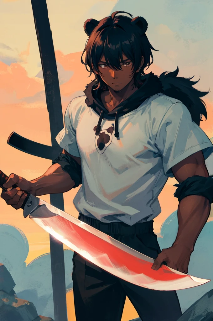 anime of Half-bear man with darker skin, holding a machete.