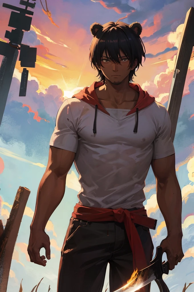 anime of Half-bear man with darker skin, holding a machete.